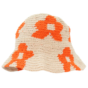 ✨ SOMBRERO BUCKET CROCHET BEIGE CON FLORES ANARANJADAS ✨
