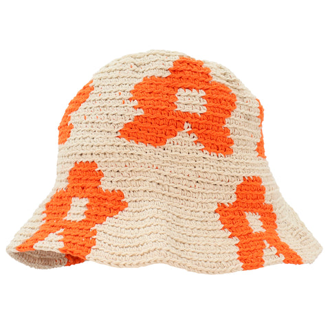 ✨ SOMBRERO BUCKET CROCHET BEIGE CON FLORES ANARANJADAS ✨